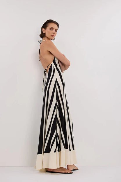 D9 Elegant Starry Luxury Dress for Women – Stylish Beau Stripe Halter Midi Dress